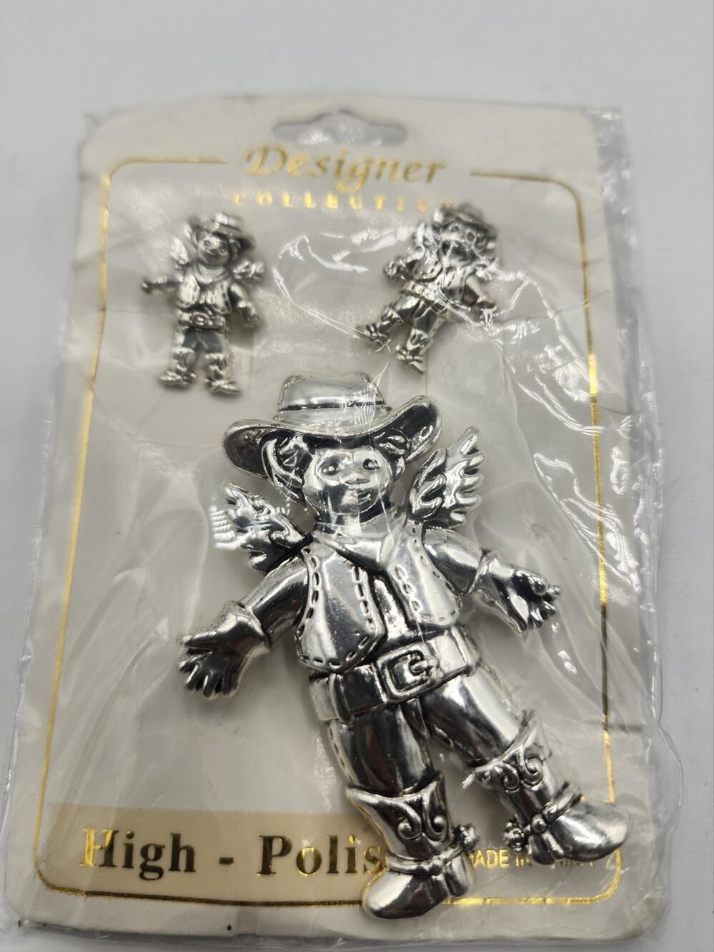 High Polish Silver Tone Cowboy Angel Wings Brooch & Earrings Set Western NEW
